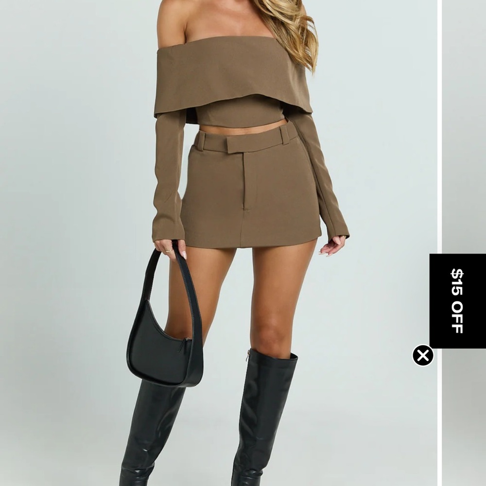 Showpo Brown Off-Shoulder Mini Skirt Set